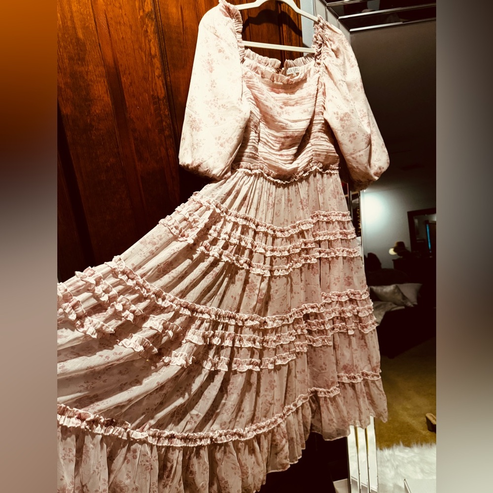 Ivy City Co Pink Gown with Cowl Neck and Bishop Sleeves